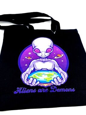 Alien Tote Bag Graphic Cotton Canvas Carry handle Black Flat Earth 13.5 x 13.5